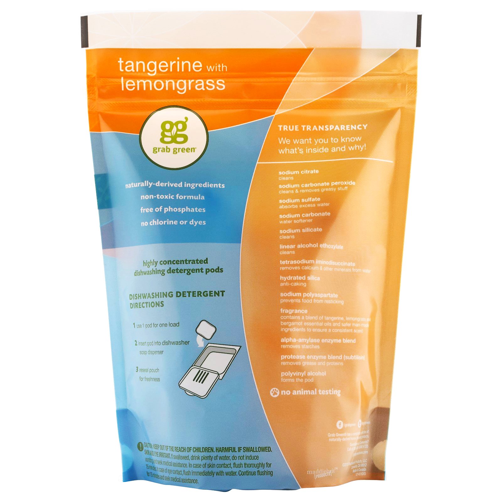 Grab Green, Cápsulas de Detergente para Lavagem de Louça Automática, Tangerina com Capim-Limão, 24 Cápsulas, 15.2 oz (432 g) - Imagem 2