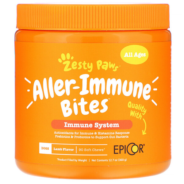 Zesty Paws, Aller-Immune Bites para Cães, Sistema Imunológico, Todas as Idades, Sabor de Cordeiro, 90 Cápsulas Mastigáveis, 360 g (12,7 oz)