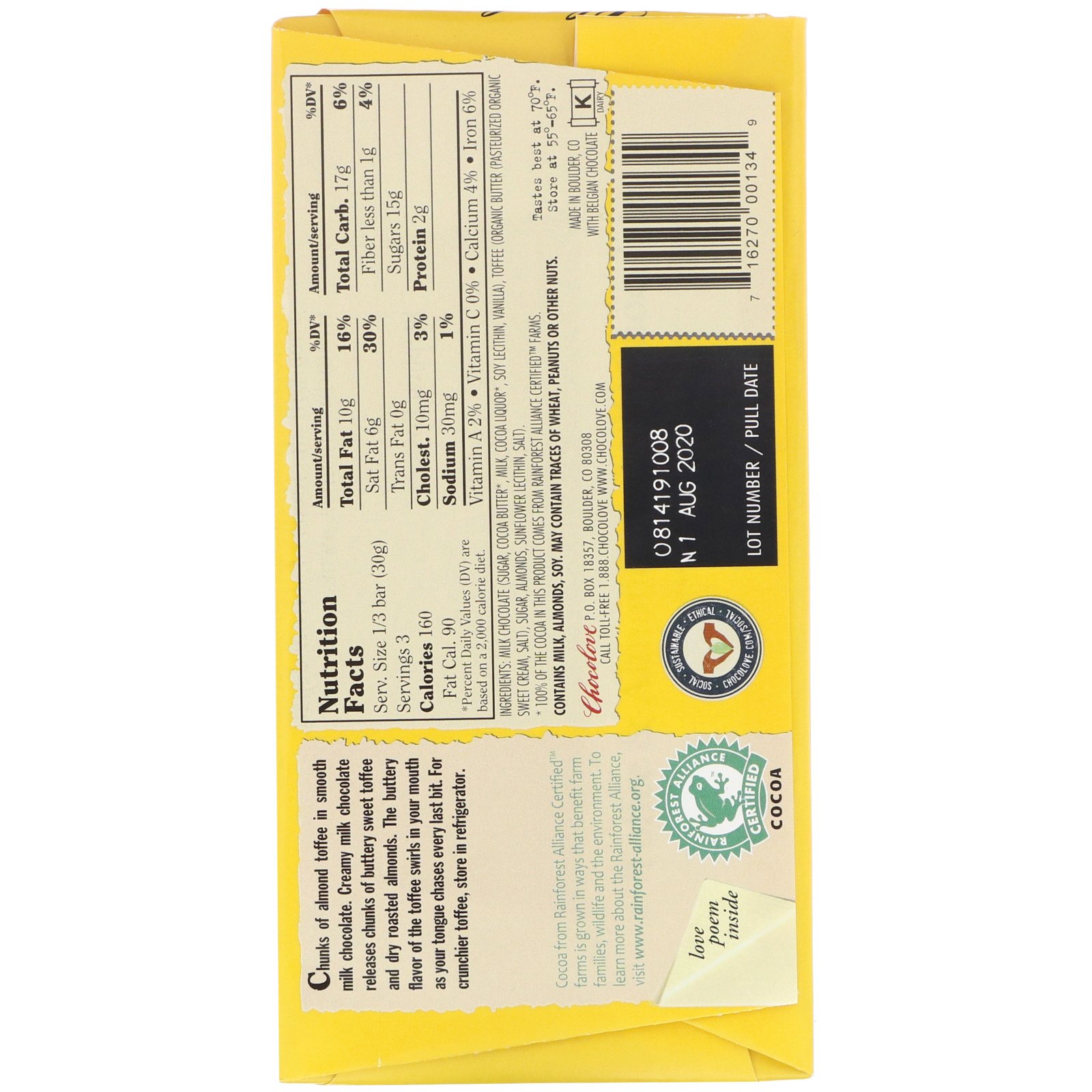Chocolove, Toffee & Almonds in Milk Chocolate, 90 g (3,2 oz) - Imagem 2