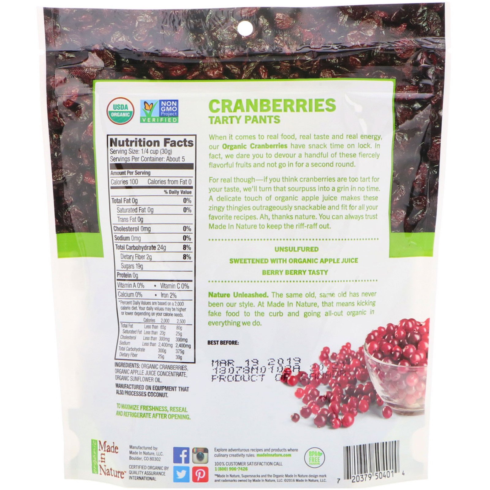 Made in Nature, Organic Dried Cranberries, Ripe & Ready Supersnacks, 142 g (5 oz) - Imagem 2
