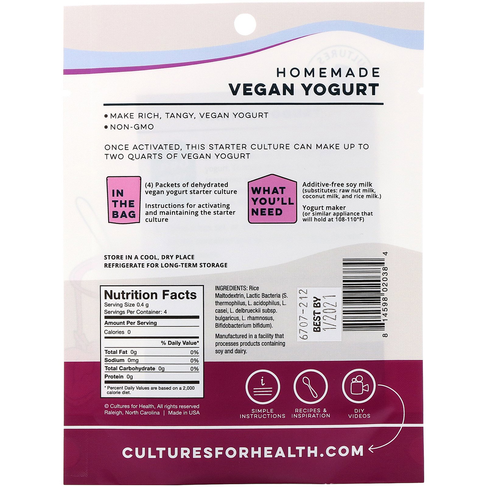 Cultures for Health, Vegan Yogurt, 4 Packets, .06 oz (1.6 g) - Imagem 2