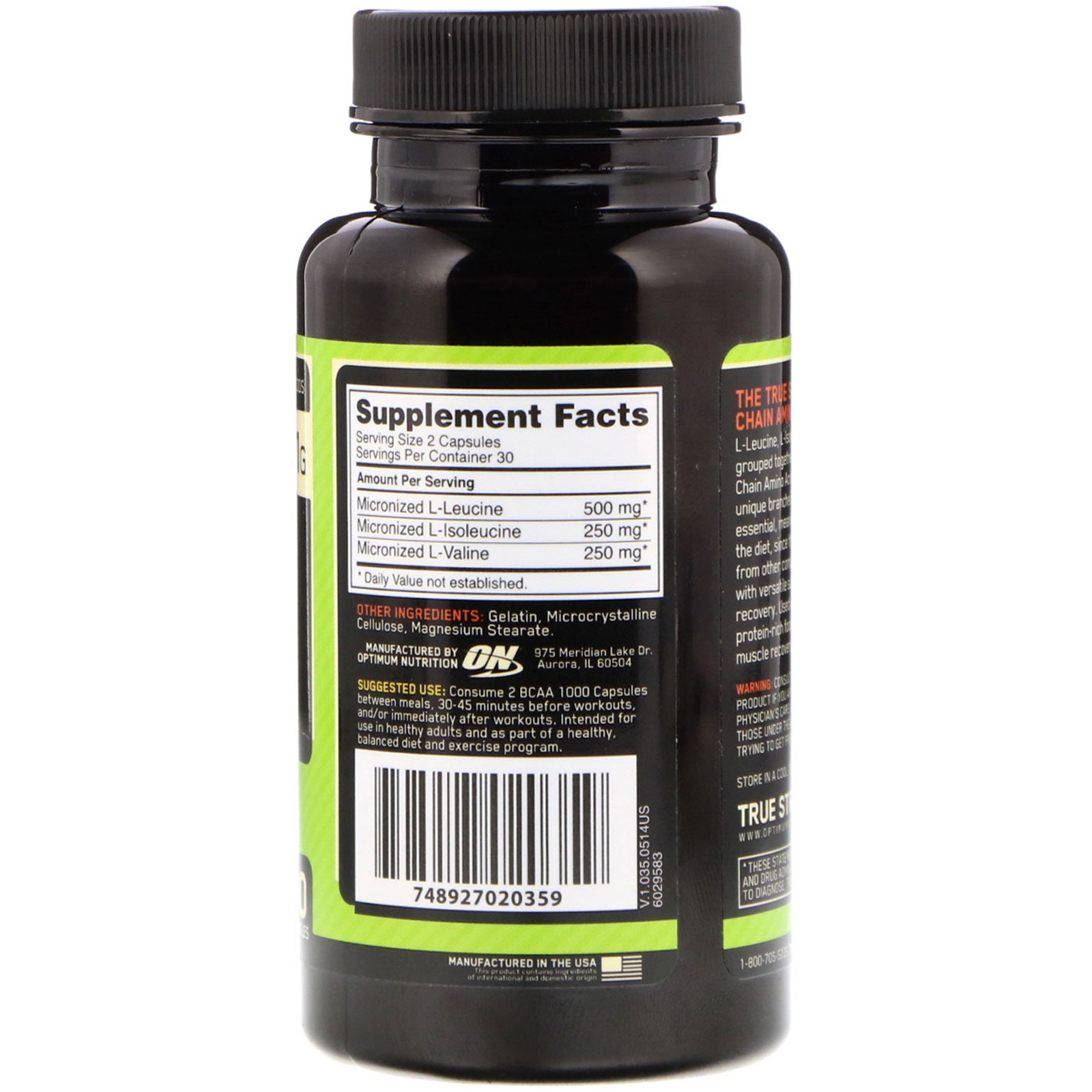 Optimum Nutrition, BCAA 1000 Caps, Tamanho Grande, 1 g, 60 Cápsulas - Imagem 2