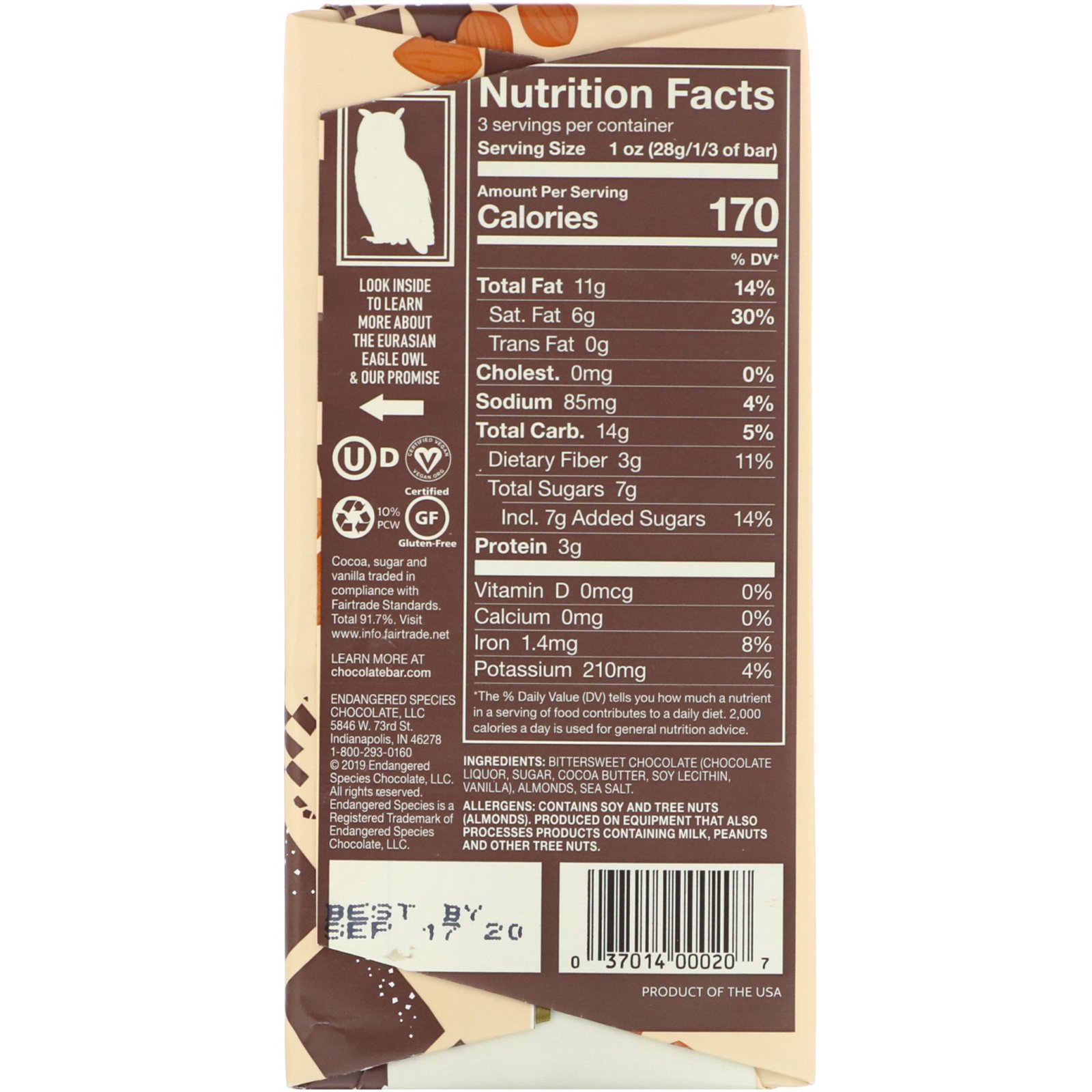 Endangered Species Chocolate, Almonds Sea Salt + Dark Chocolate, 72% Cocoa, 3 oz (85 g) - Imagem 2