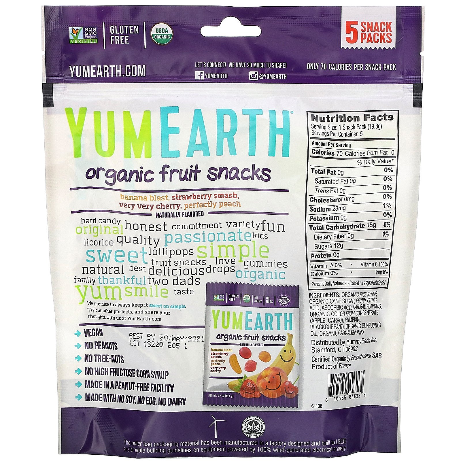 YumEarth, Lanches de Frutas Orgânicas, 5 Pacotes, 19,8 g (0,7 oz) Cada - Imagem 2