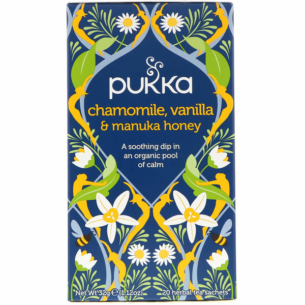 Pukka Herbs, Chá de Camomila, Baunilha e Mel Mamuka, sem Cafeína, 20 sachês de chá de ervas, 1.12 oz (32 g)