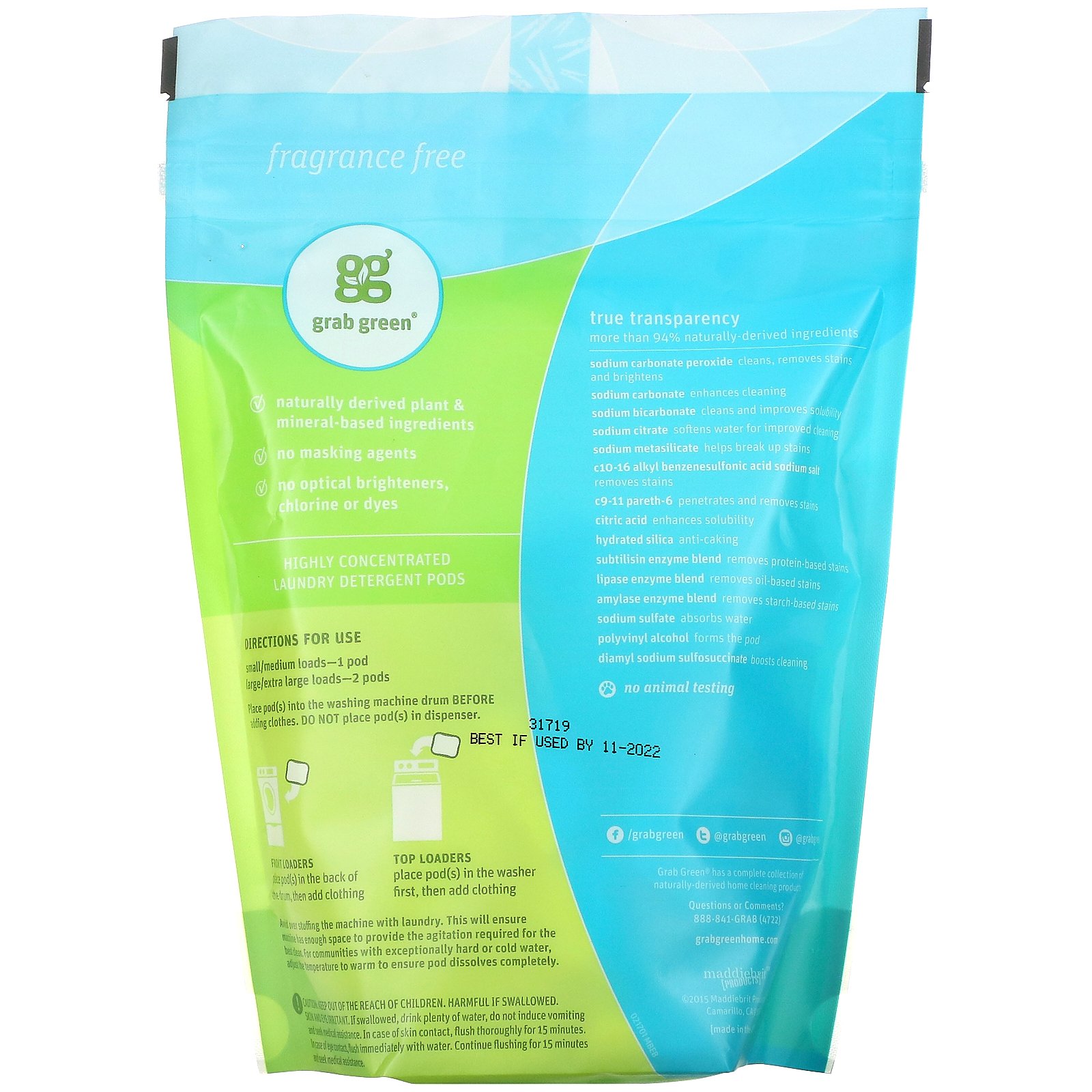 Grab Green, 3 em 1 Detergente para Roupa, Sem Perfume, 15.2 oz (432 g) - Imagem 2