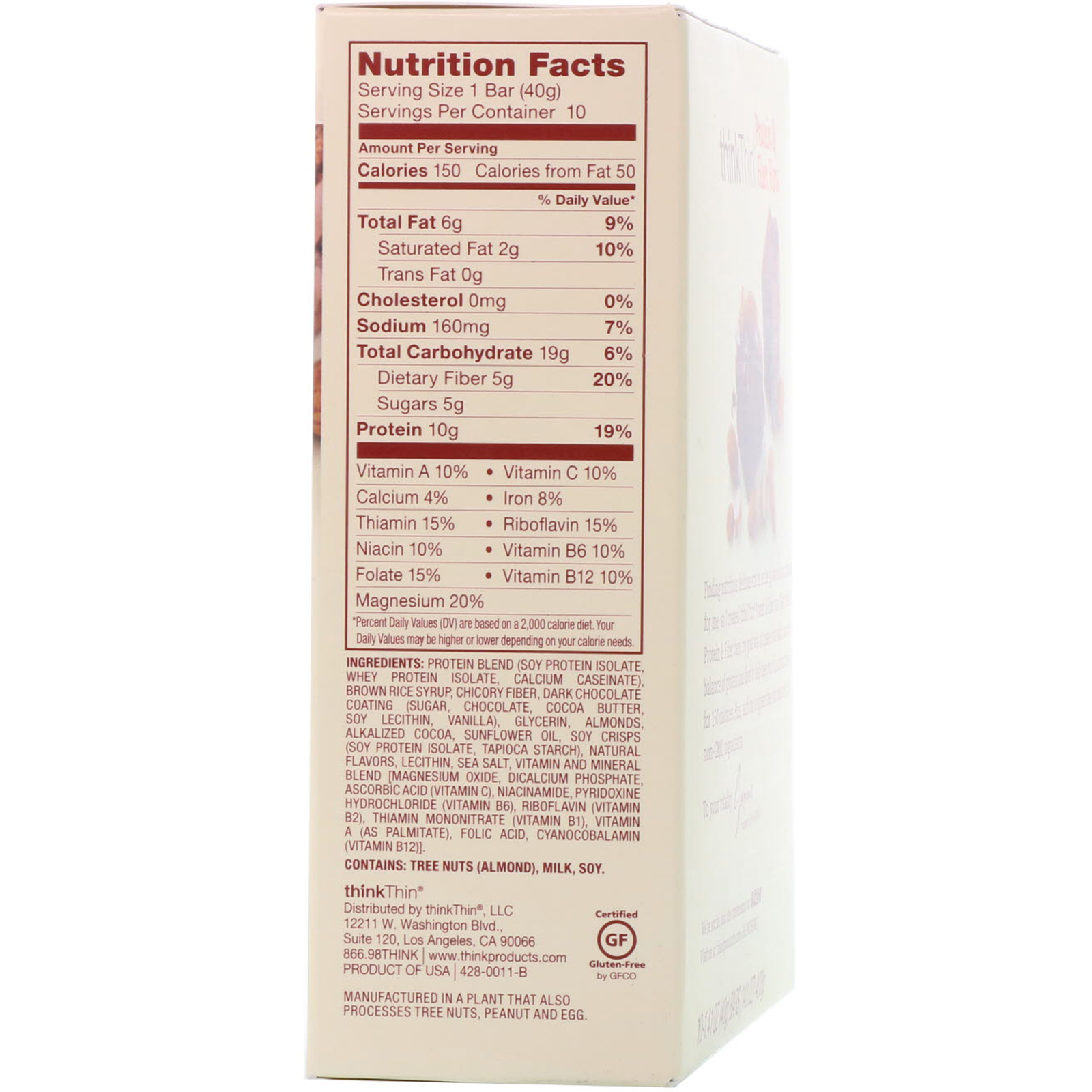 ThinkThin, High Protein Bars, Chocolate Almond Brownie, 10 Bars, 1.41 oz (40g) Each - Imagem 3