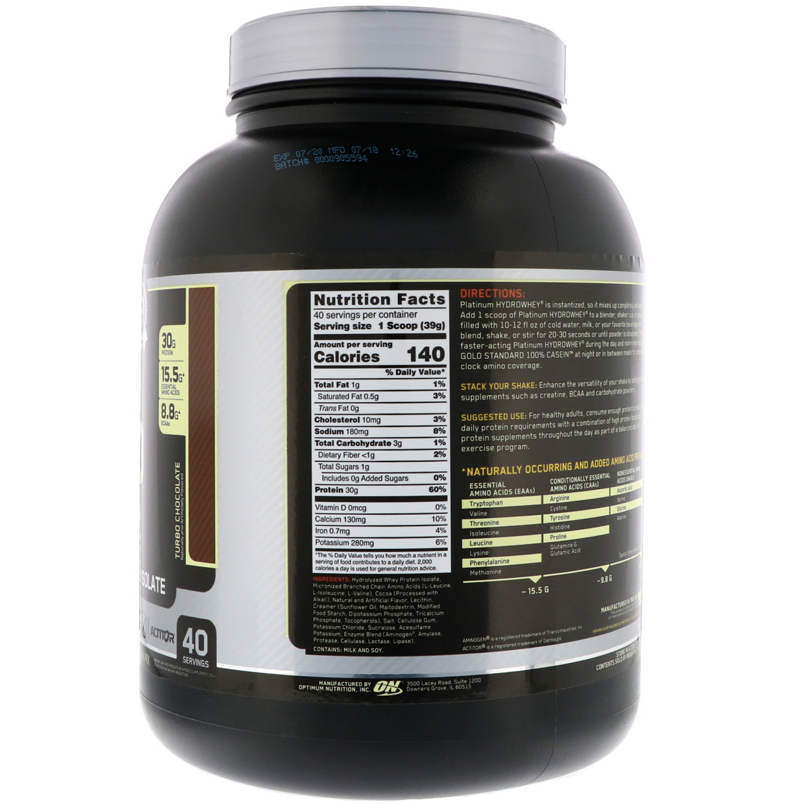 Optimum Nutrition, Platinum Hydro Whey, Turbo Chocolate, 3,5 lbs (1,59 kg) - Imagem 2