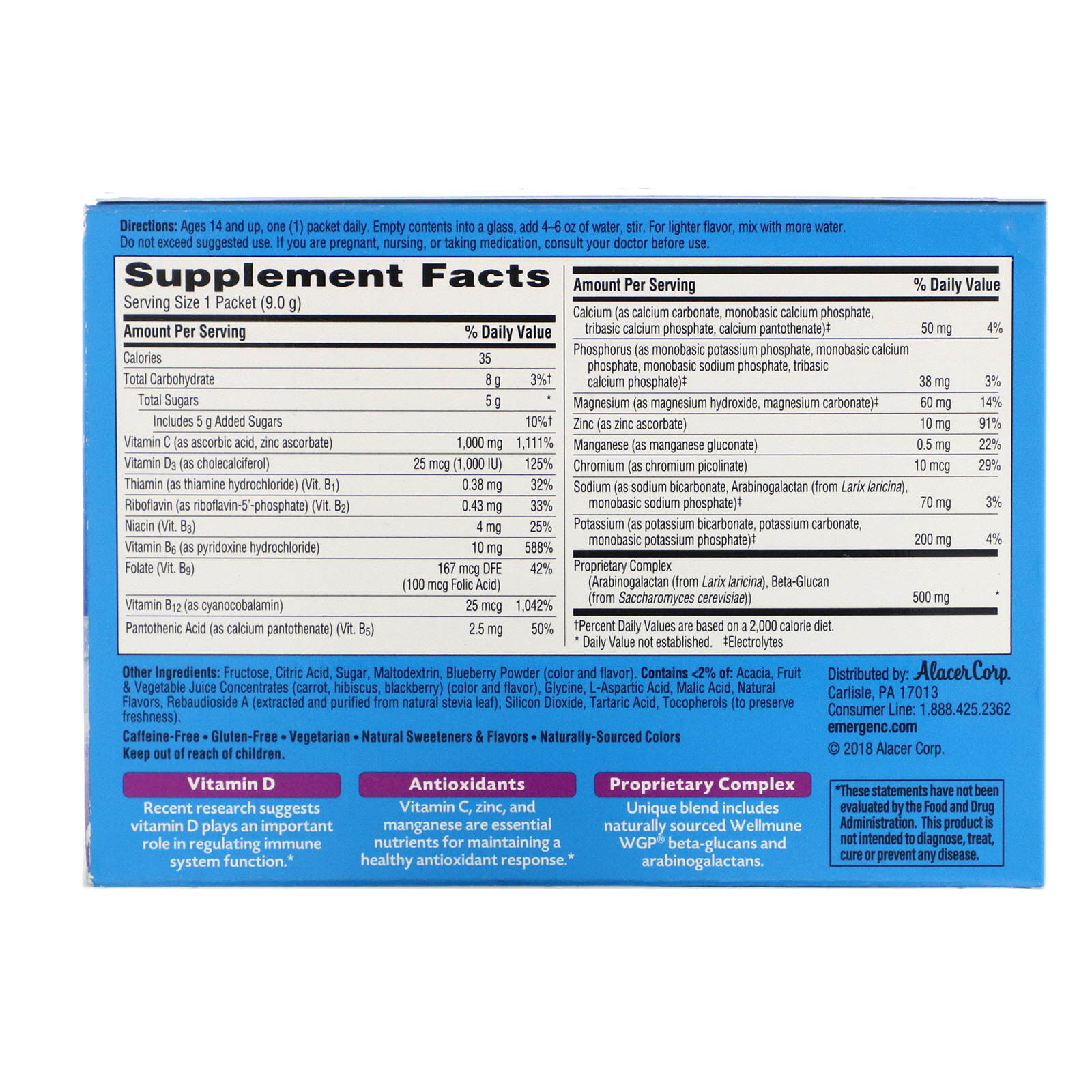 Emergen-C, Immune +, Vitamin C Plus Vitamin D & Zinc, Blueberry-Acai, 1,000 mg, 30 Packets, 0.32 oz (9.0 g) Each - Imagem 2