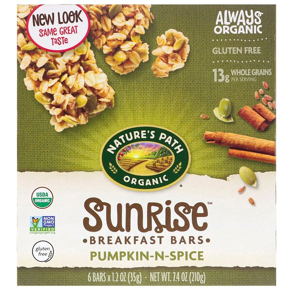 Nature's Path, Organic, Sunrise Breakfast Bars, Pumpkin-N-Spice, 6 Bars, 1.2 oz (35 g) Each