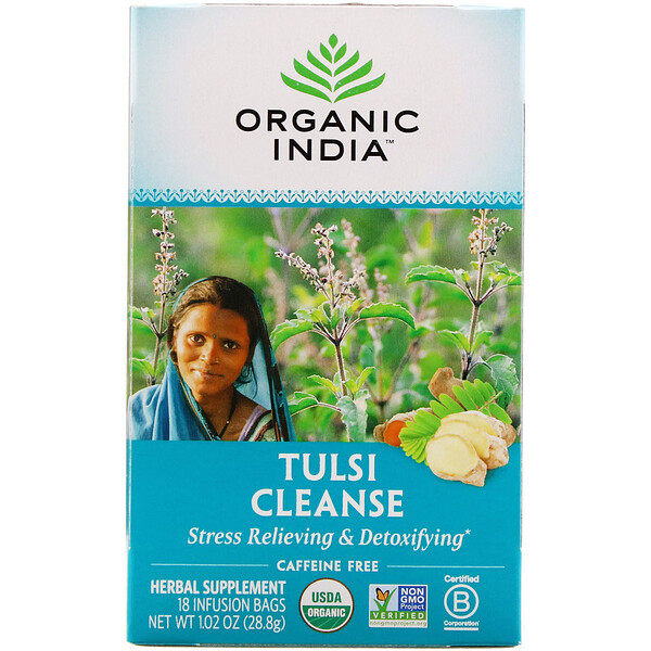 Organic India, Chá Tulsi, Cleanse, Sem Cafeína, 18 Saquinhos de Infusão, 28,8 g (1,02 oz)
