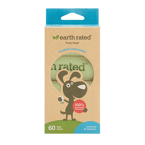 Earth Rated, Saquinhos Compostáveis para Cães, Sem Perfume, 60 Saquinhos, 4 Rolos