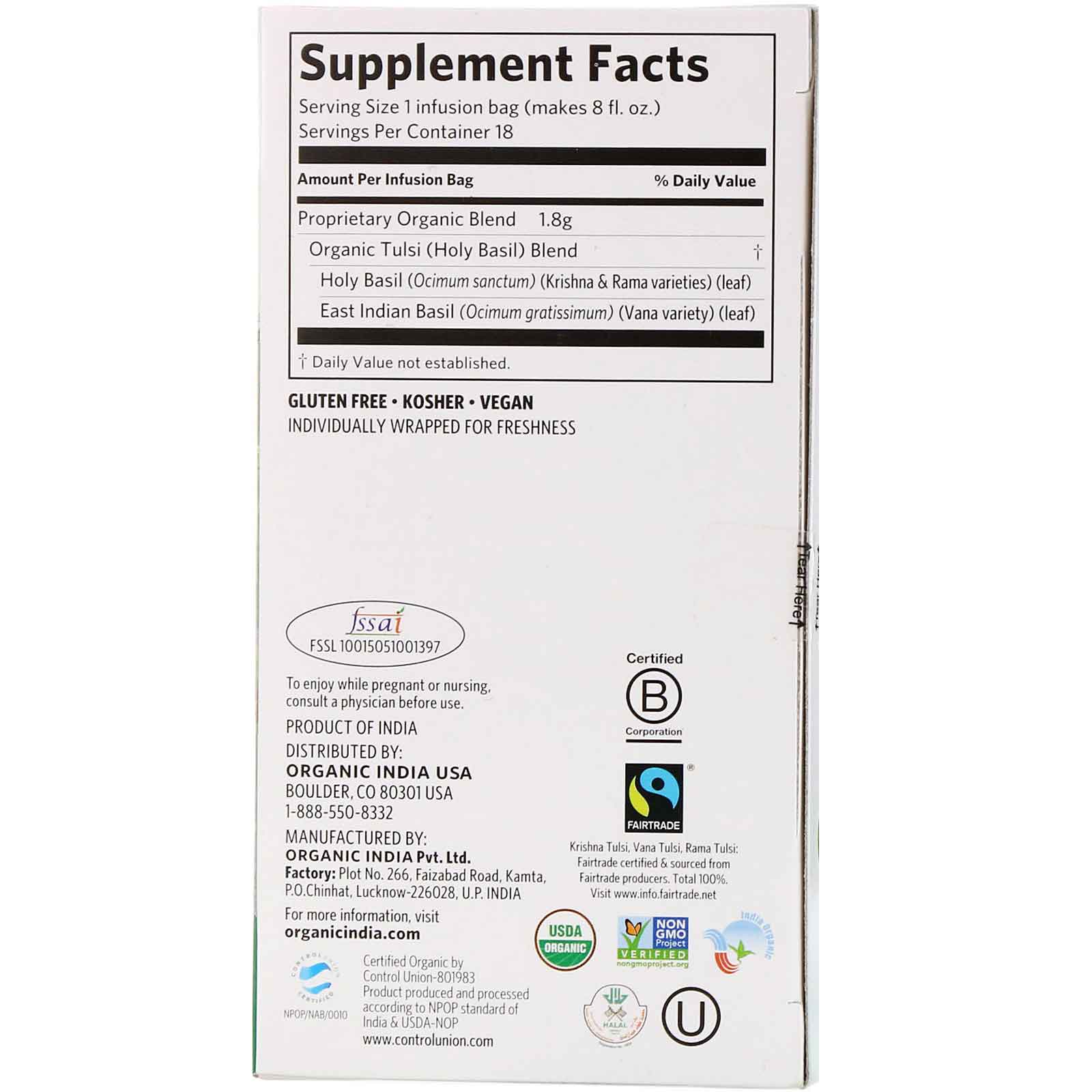 Organic India, Tulsi Tea, Original, Sem Cafeína, 18 Sachês de Infusão, 32,4 g (1,14 oz) - Imagem 2