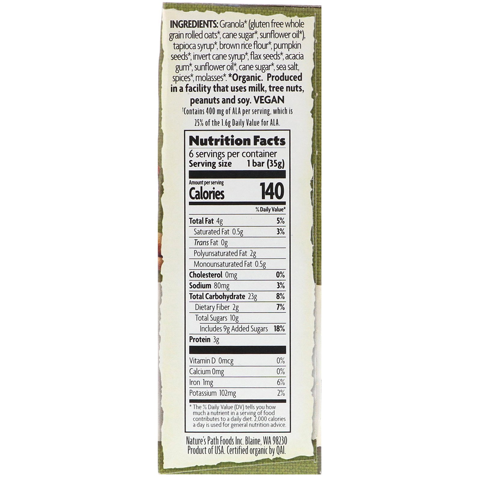 Nature's Path, Organic, Sunrise Breakfast Bars, Pumpkin-N-Spice, 6 Bars, 1.2 oz (35 g) Each - Imagem 2