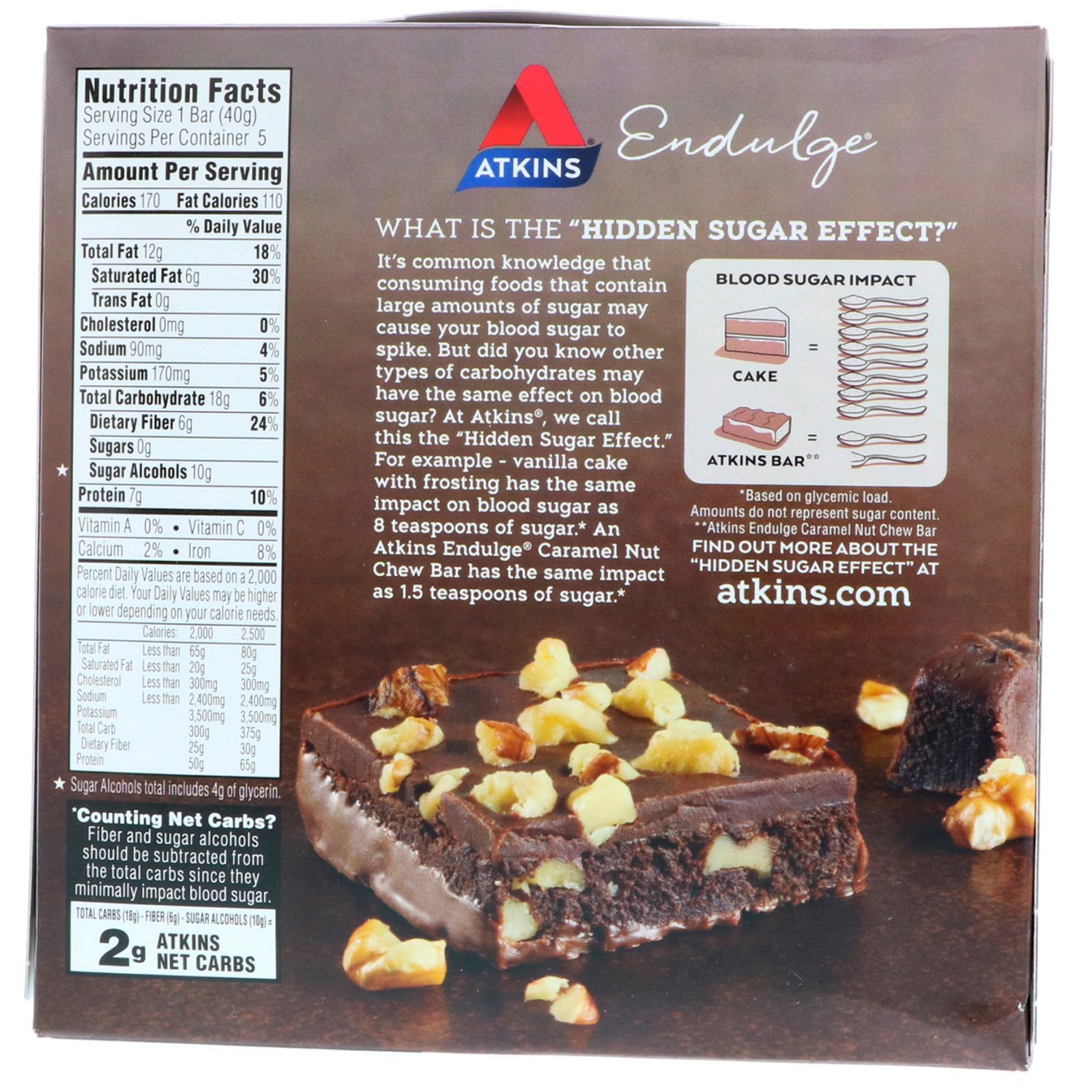 Atkins, Endulge, Brownie Nutty Fuge 5 Barras, 1,41oz (40 g) Cada - Imagem 2