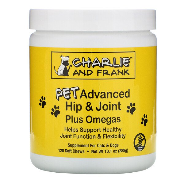 Charlie & Frank, Quadril e Articulações Avançado para Animais de Estimação Mais Ômegas, Para Cães e Gatos, 120 Mastigáveis Macios