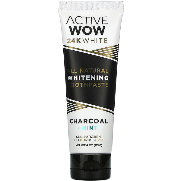 Active Wow, 24K White, All Natural Whitening Toothpaste, Charcoal + Mint, 4 oz (113 g)