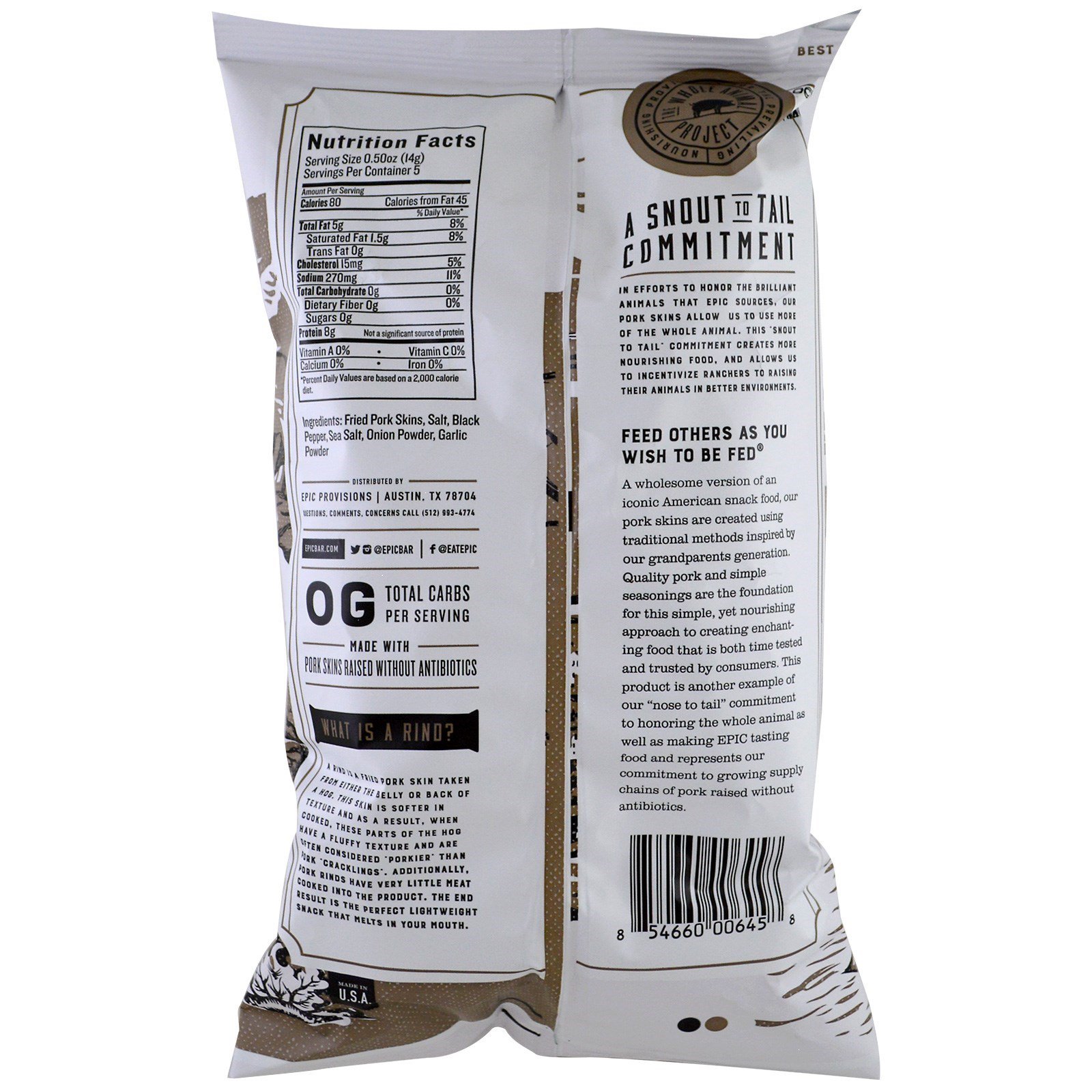Epic Bar, Toucinho de Porco Artesanal, Sal Marinho e Pimenta, 2,5 oz (70 g) - Imagem 2