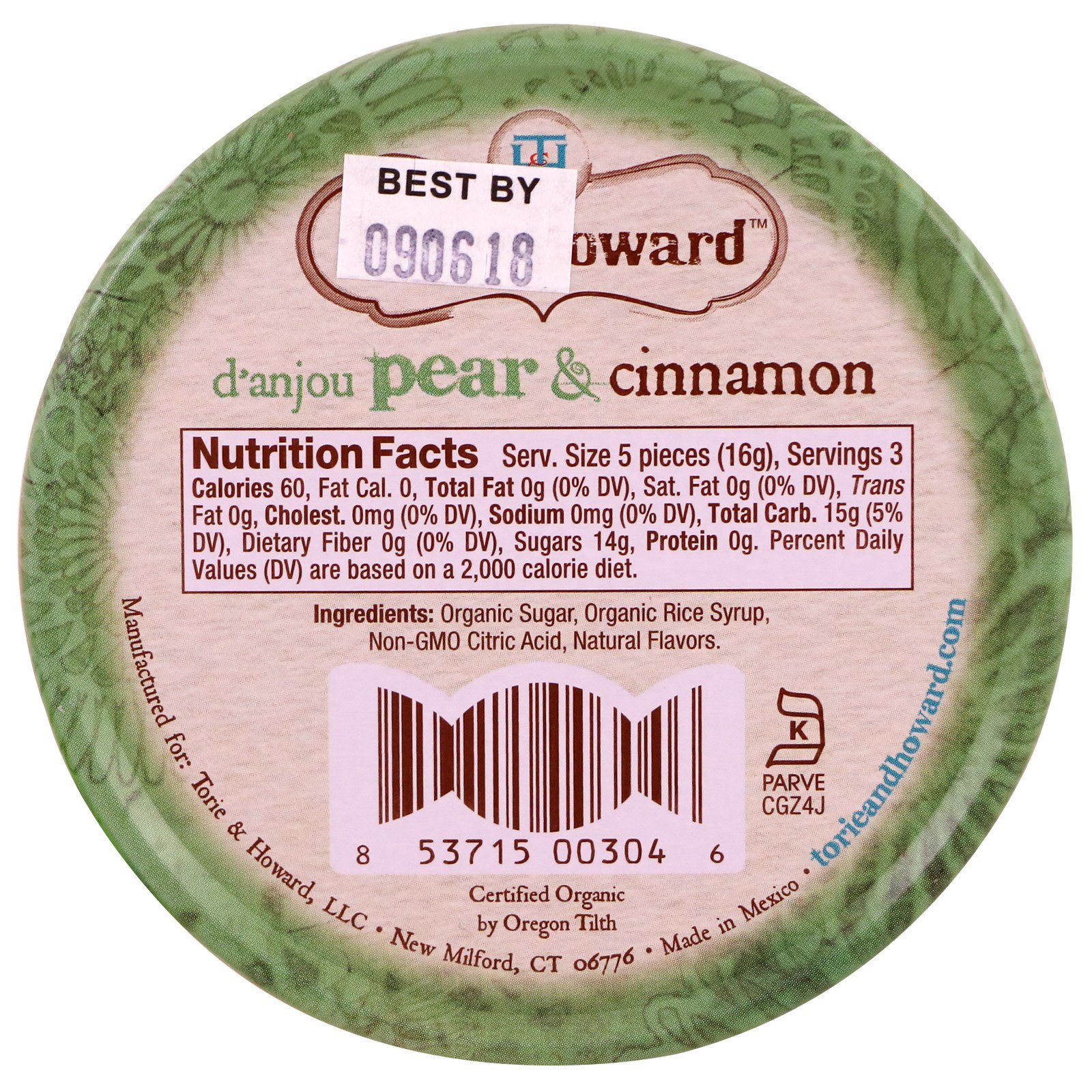 Torie & Howard, Organic, Hard Candy, D' Anjou Pear & Cinnamon, 2 oz (57 g) - Imagem 2