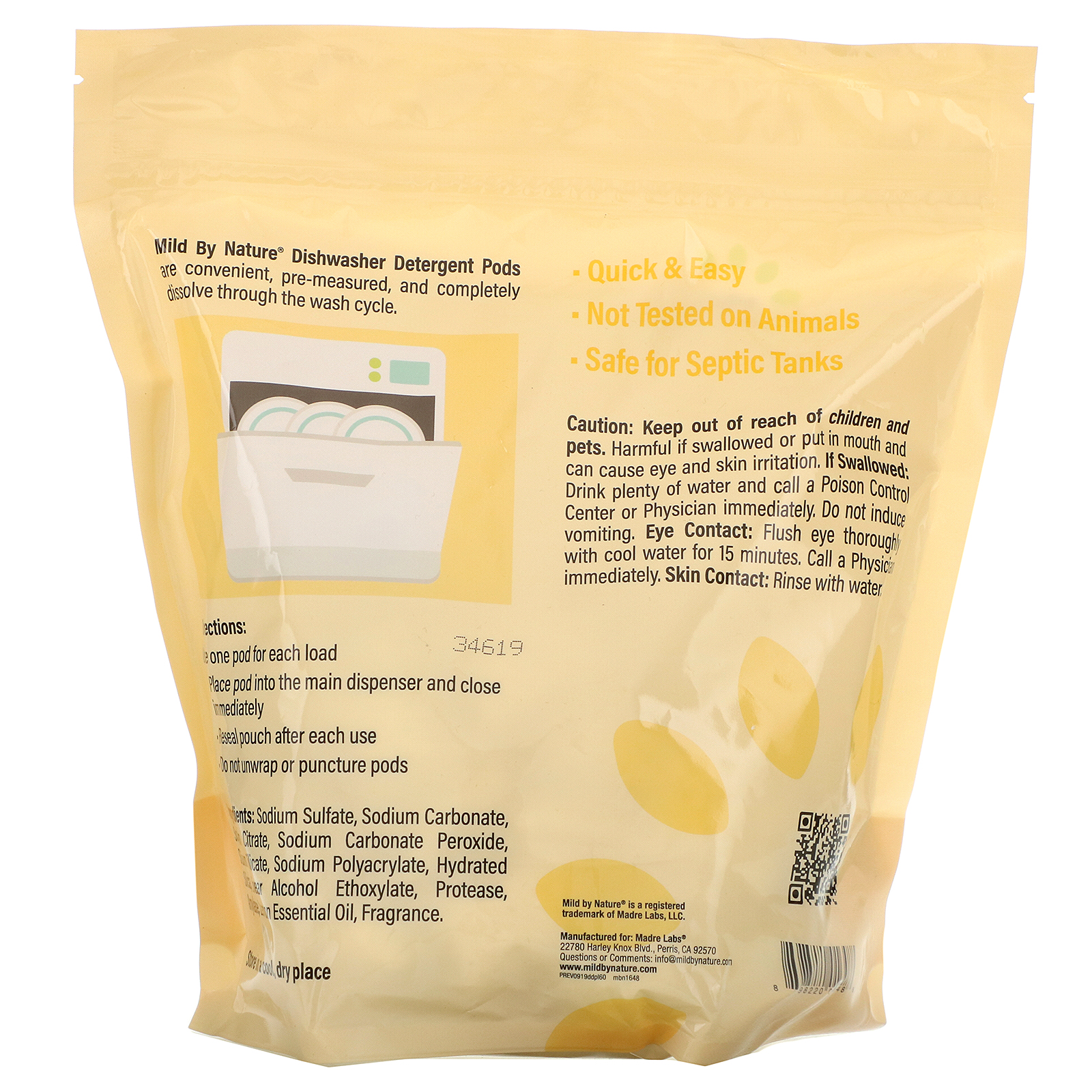 Mild By Nature, Sachês de Detergente para Lava-Louças Automática, Aroma de Limão, 60 Unidades, 1.077 g (2,38 lb/36,48 oz)