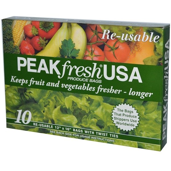 PEAKfresh USA, Produce Bags with Twist Ties, Reusable, 10 Bags
