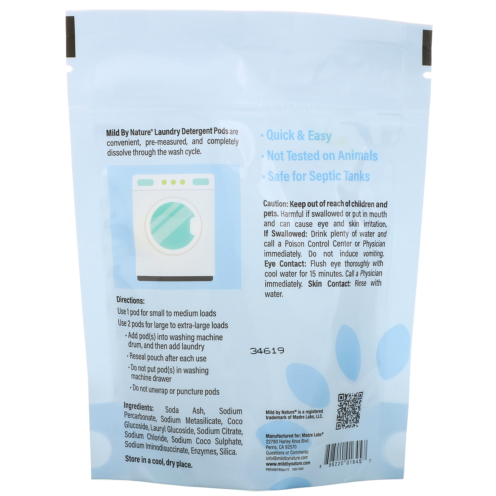 Mild By Nature, Sachês de Sabão para Lavadora de Roupas, Sem Aroma, 10 Lavagens, 177 g (0,39 lb) - Imagem 2