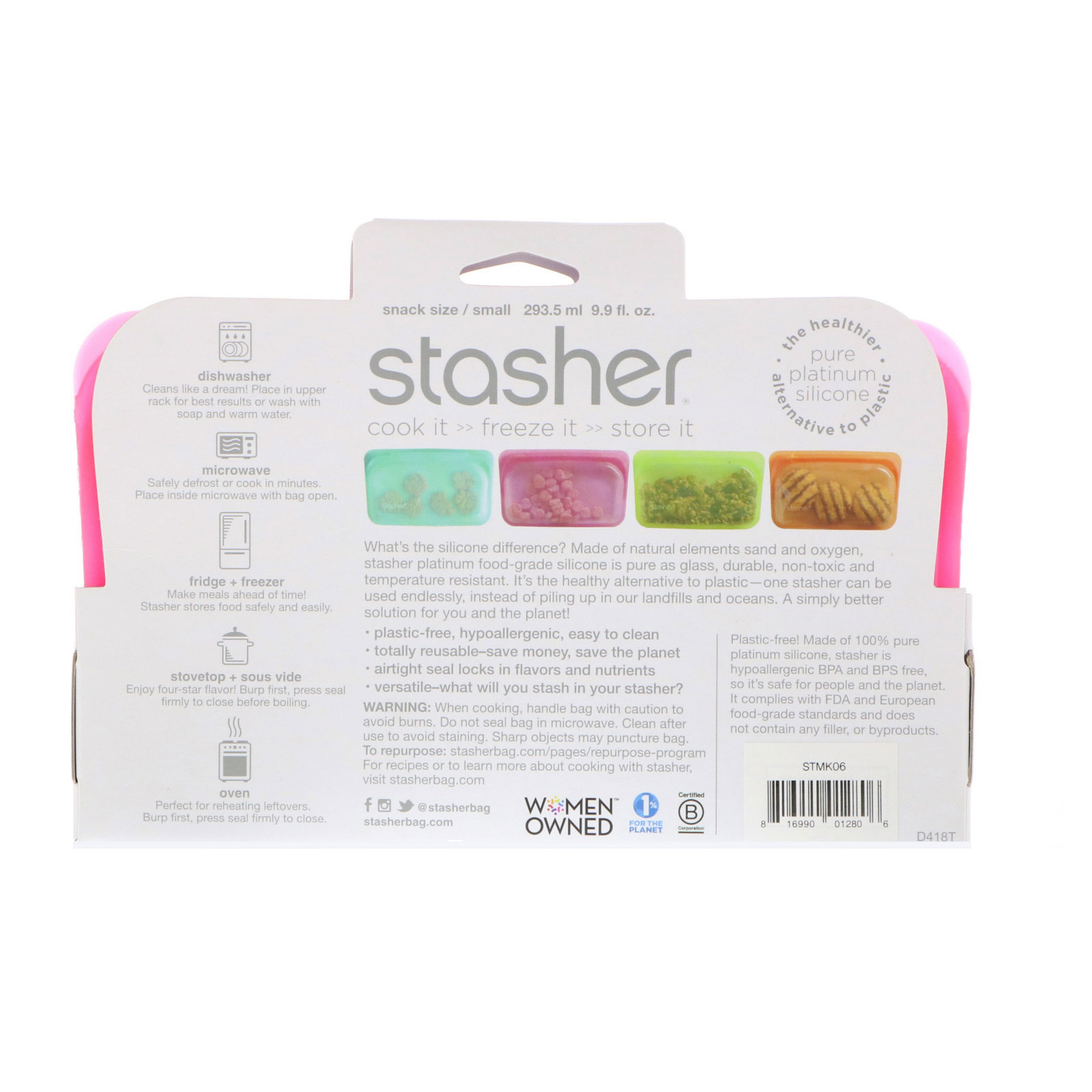 Stasher, Embalagem Reutilizável de Silicone para Alimentos, Tamanho de Lanche Pequeno, Cor de Framboesa, 9,9 fl oz (293,5 ml) - Imagem 2