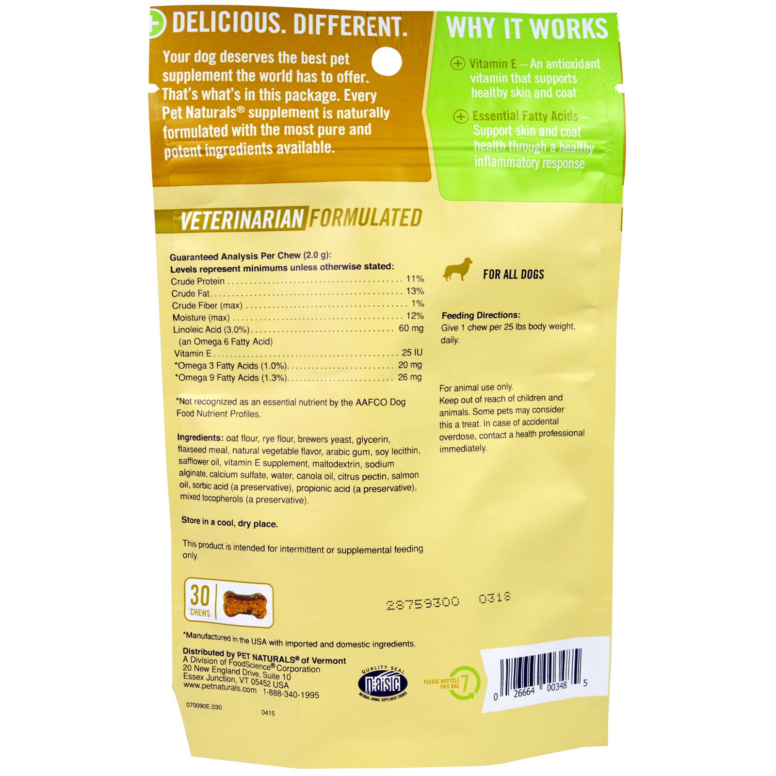 Pet Naturals of Vermont, Pele + Membrana, para Cães, 30 Mastigáveis, 60g - Imagem 2