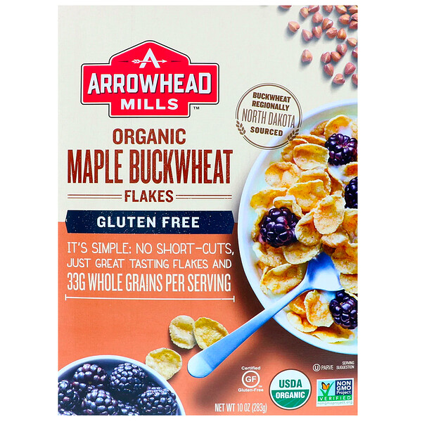 Arrowhead Mills, Flocos de Trigo sarraceno Orgânico À Base de Ácer, Sem Glúten, 10 oz (283 g)