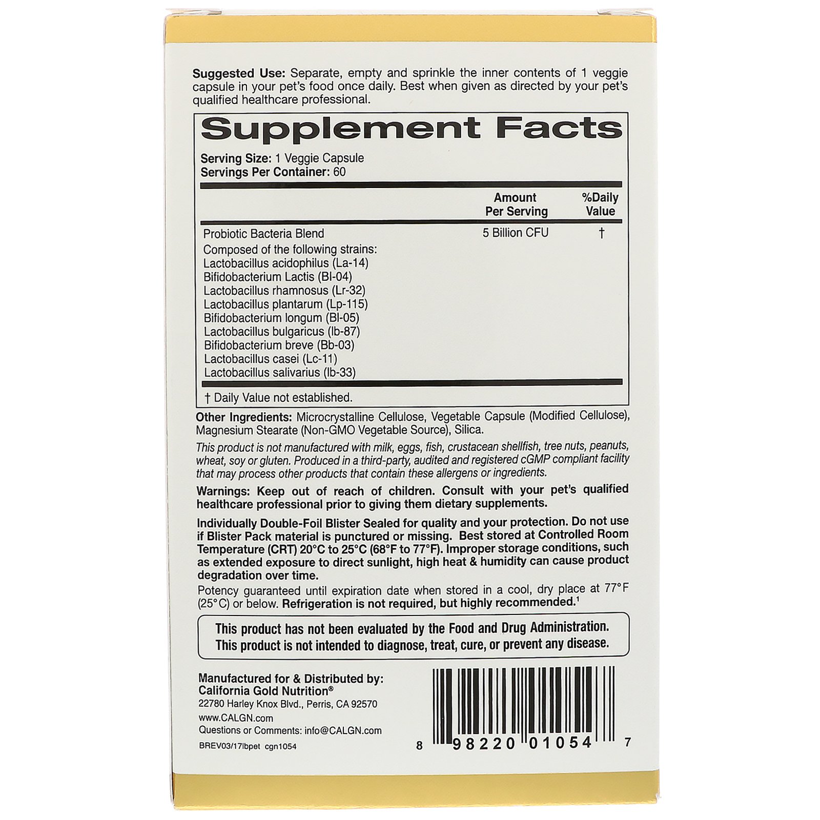 California Gold Nutrition, Probióticos para Animais de Estimação LactoBif, 5 bilhões de UFC, 60 Cápsulas Vegetais - Imagem 2