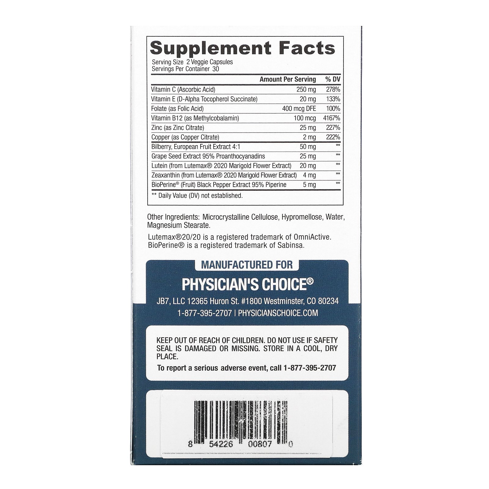 Physician's Choice, Eye Health, Areds2 Formula, 60 Vegetarian Capsules - Imagem 2