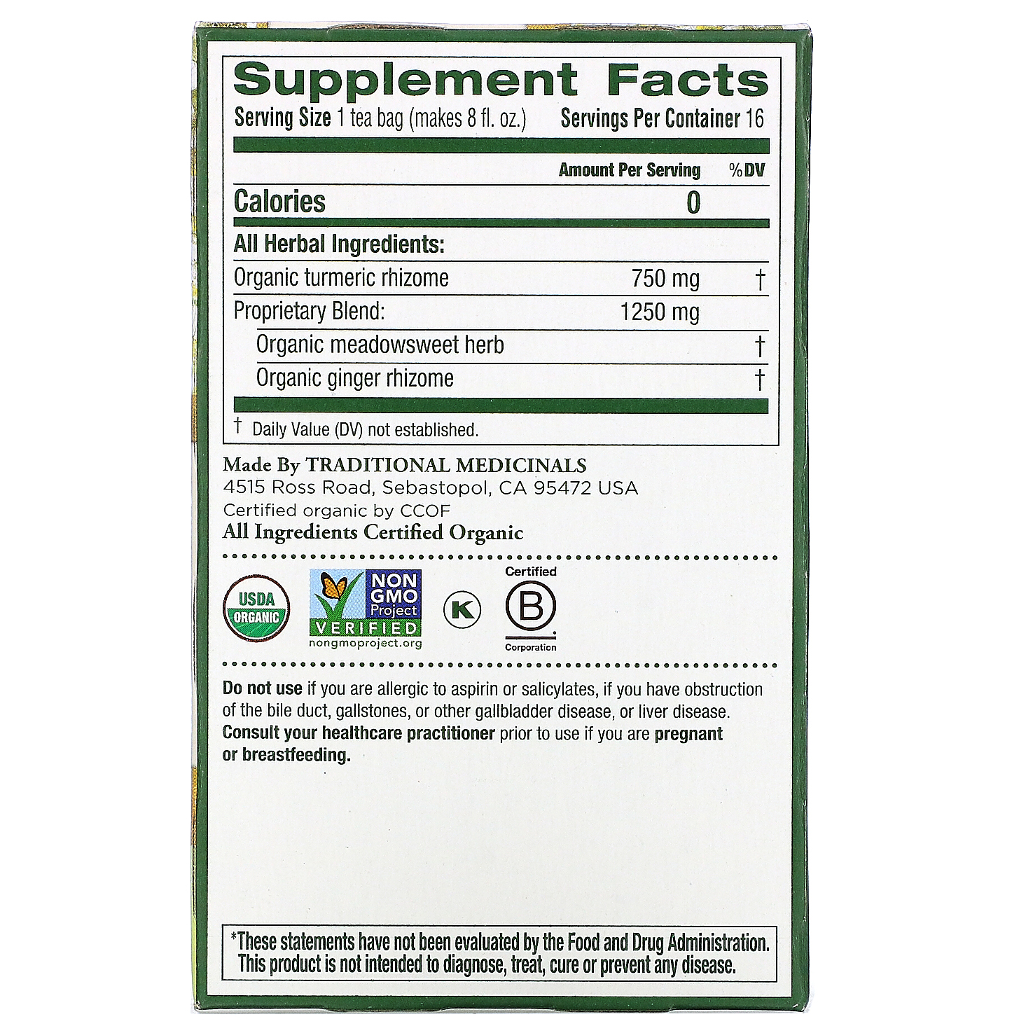 Traditional Medicinals, Cúrcuma Orgânica com Ulmária e Gengibre, Sem Cafeína, 16 Saquinhos de Chá Embalados, 32 g (1,13 oz) - Imagem 2