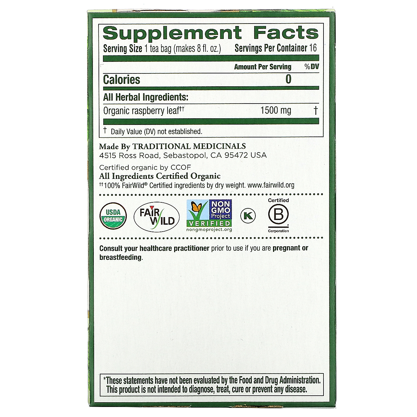 Traditional Medicinals, Folha de Framboesa Orgânica, Sem Cafeína, 16 Saquinhos de Chá Embalados, 24 g (0,85 oz) - Imagem 2