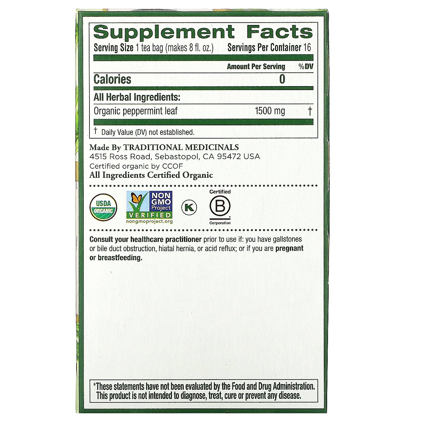 Traditional Medicinals, Hortelã-pimenta Orgânica, Sem Cafeína, 16 Saquinhos de Chá Embalados, 24 g (0,85 oz) - Imagem 2