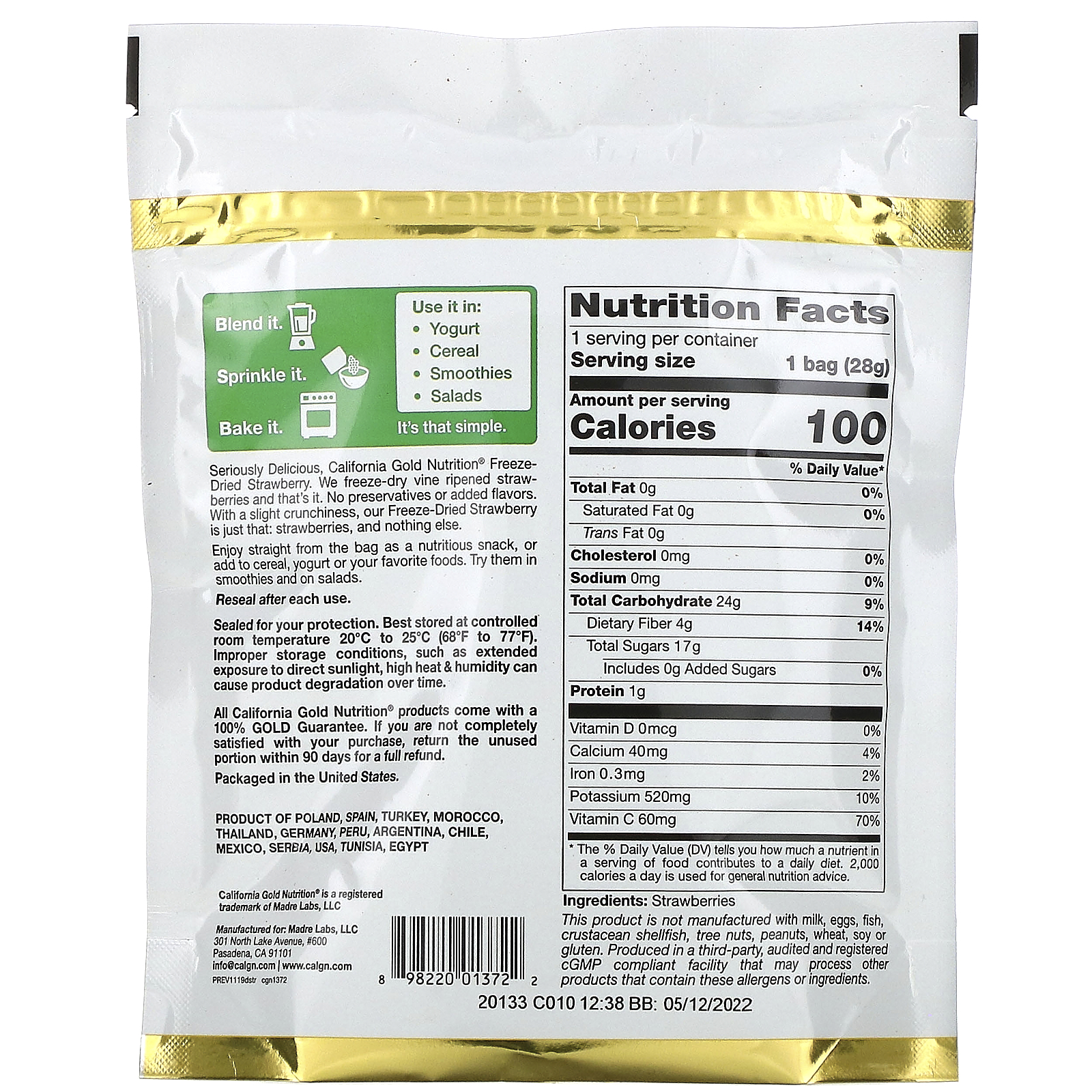 California Gold Nutrition, Morango Liofilizado, Fatias Inteiras Liofilizadas e Prontas para Consumo, 28 g (1 oz) - Imagem 2