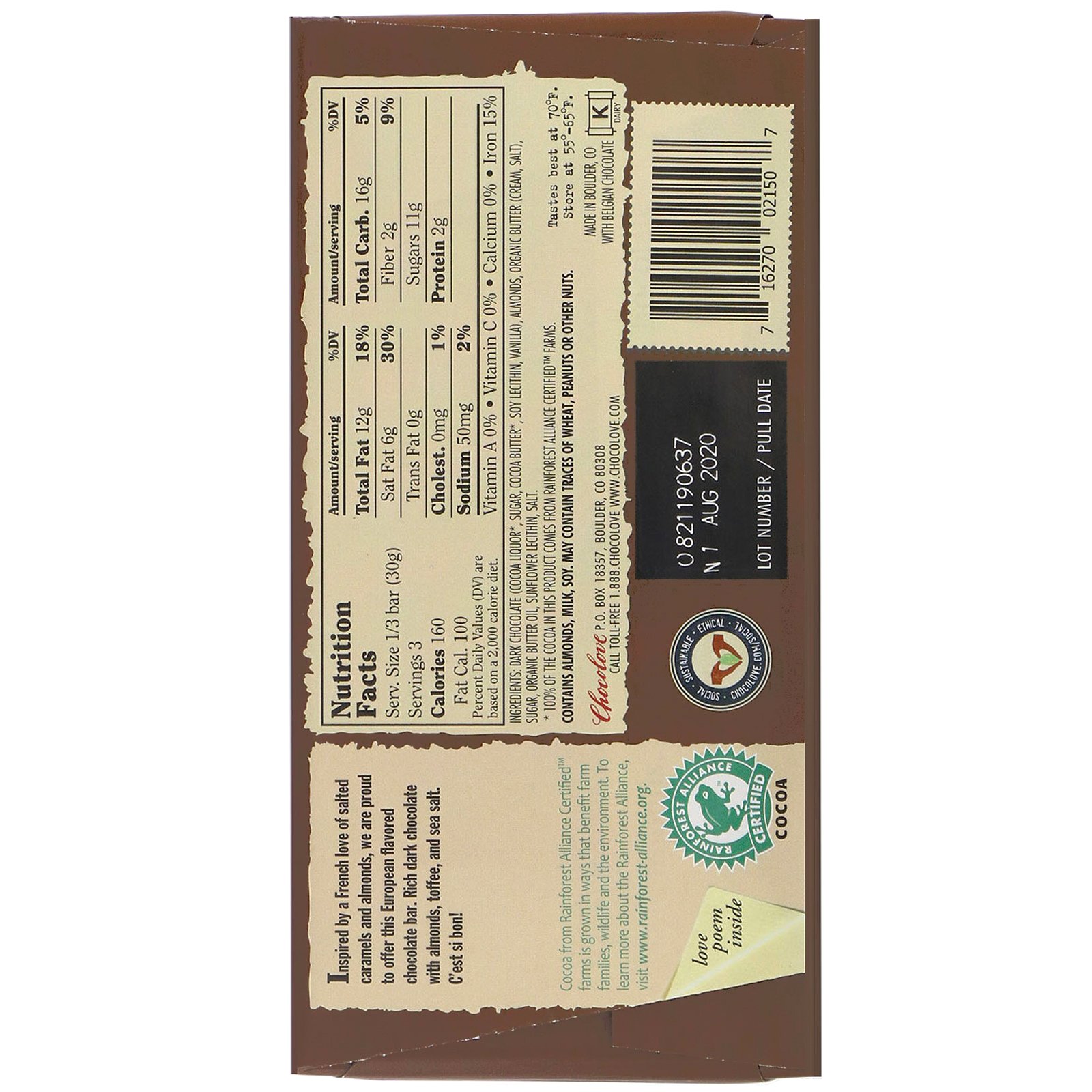 Chocolove, Almonds, Toffee & Sea Salt in Dark Chocolate, 55% Cocoa, 3.2 oz (90 g) - Imagem 2