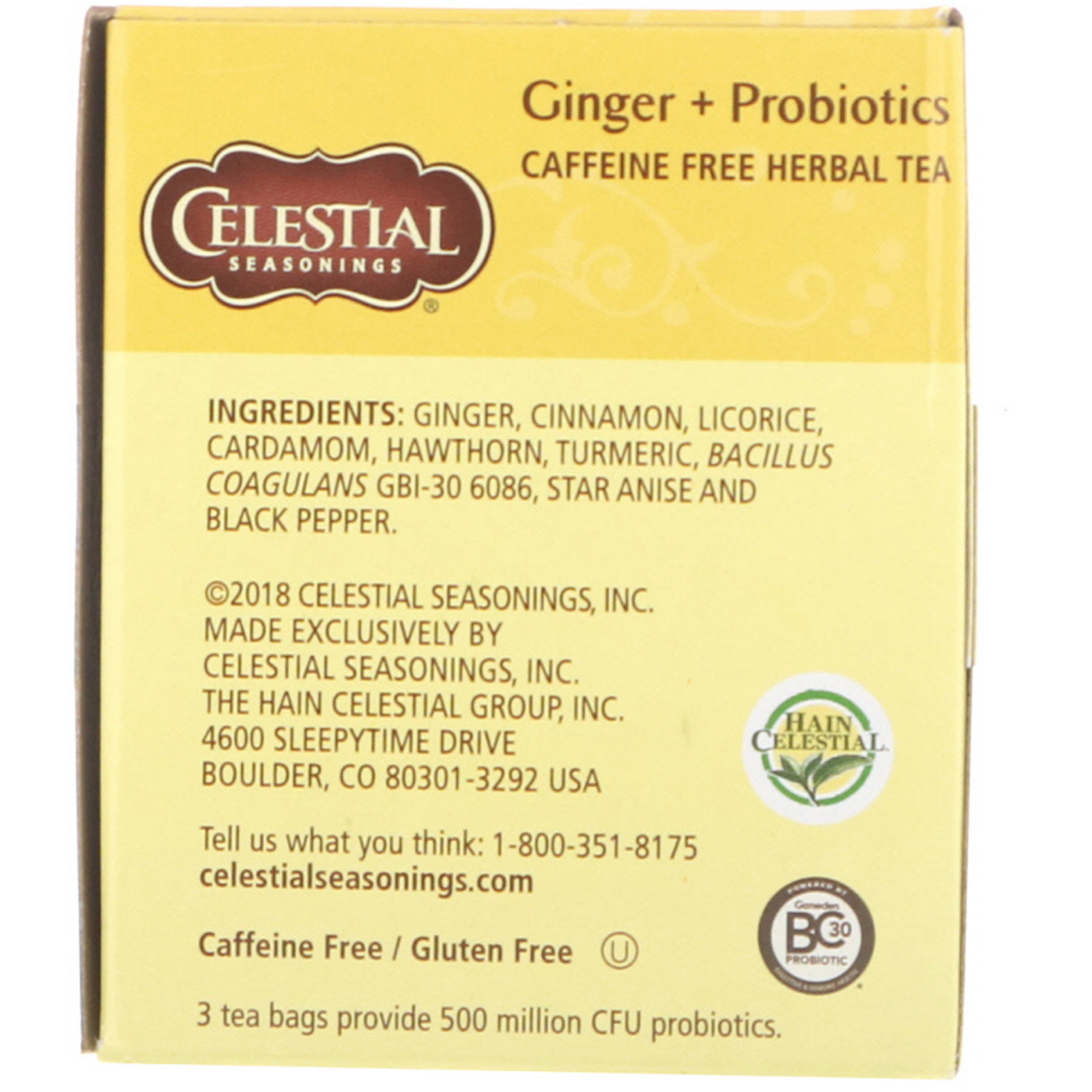 Celestial Seasonings, Chá Herbáceo, Gengibre + Probióticos, Sem Cafeína, 20 Saquinhos de Chá, 1,1 oz (31 g) - Imagem 2
