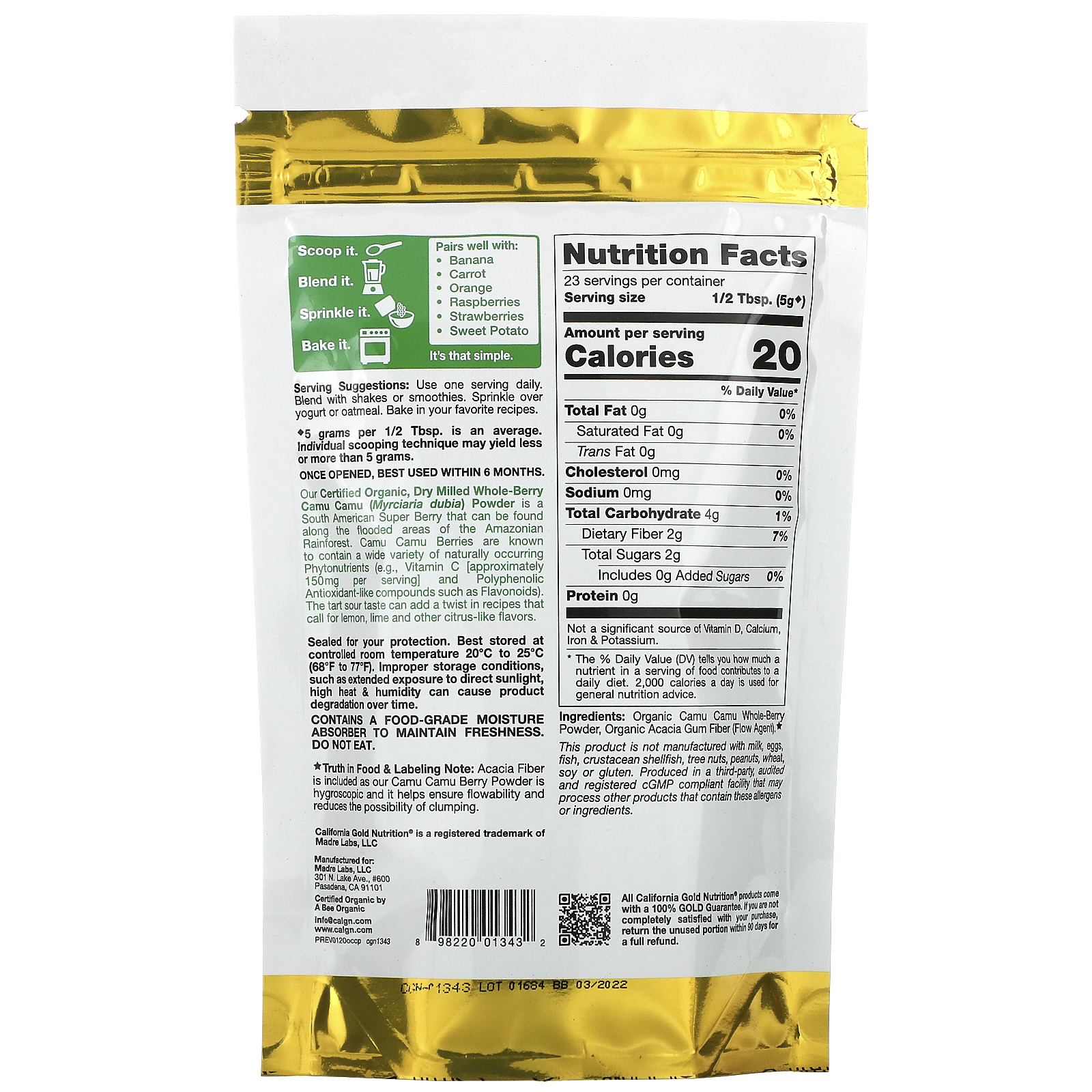 California Gold Nutrition, Camu-camu Orgânico em Pó, 114 g (4 oz) - Imagem 2