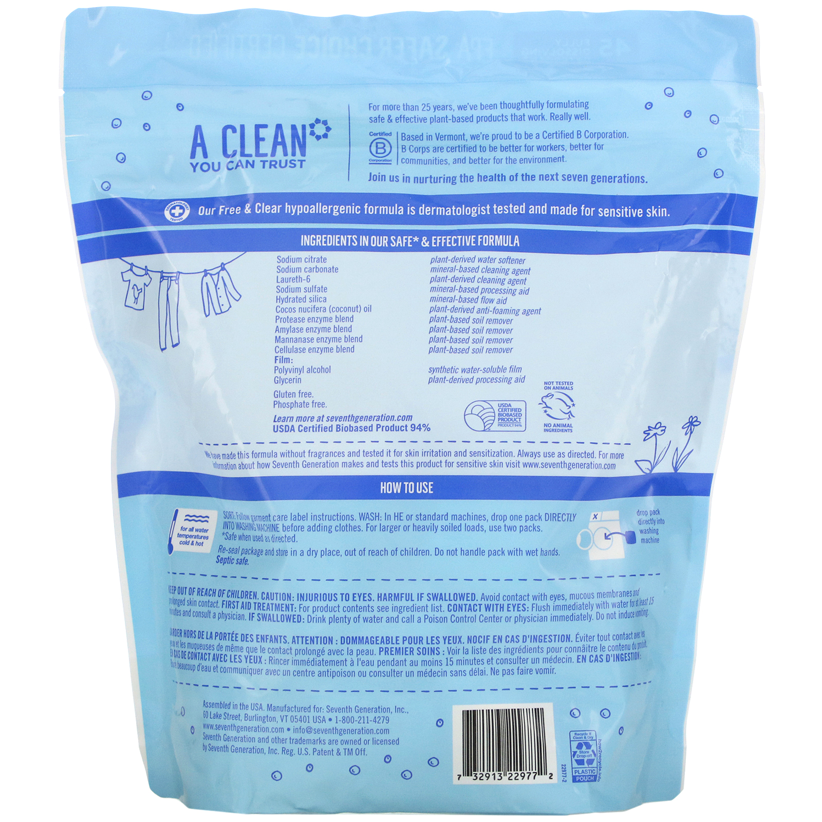 Seventh Generation, Laundry Detergent Packs, Free & Clear, 45 Packs, 1.98 lbs (31.7 oz) - Imagem 2
