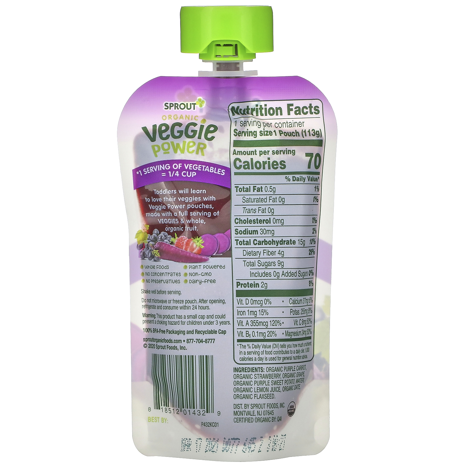 Sprout Organic, Veggie Power, Purple Carrot with Strawberry, Grape & Sweet Potato, 4 oz (113 g) - Imagem 2