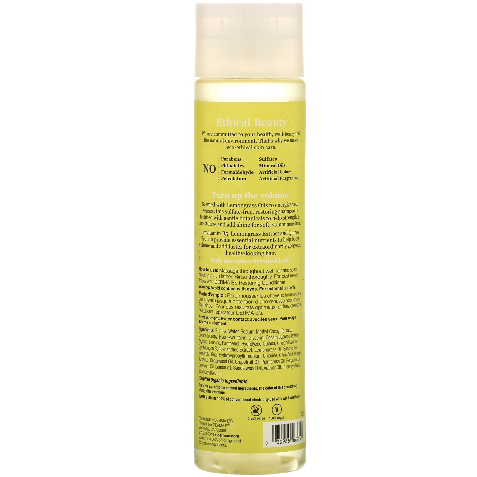 Derma E, Restoring Shampoo, Volume & Shine, Lemongrass & Vitamin E, 10 fl oz (296 ml) - Imagem 2