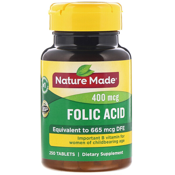 Nature Made, Ácido Fólico, 400 mcg, 250 Tabletes