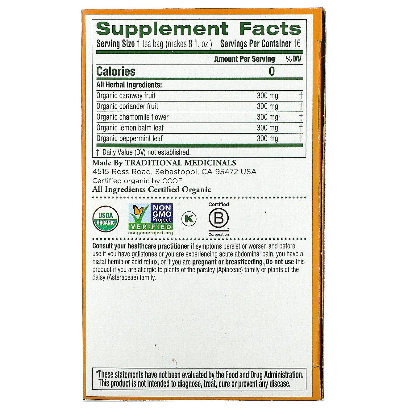 Traditional Medicinals, Organic Gas Relief, Sem Cafeína, Camomila e Menta, 16 Saquinhos de Chá Embalados, 24 g (0,85 oz) - Imagem 2