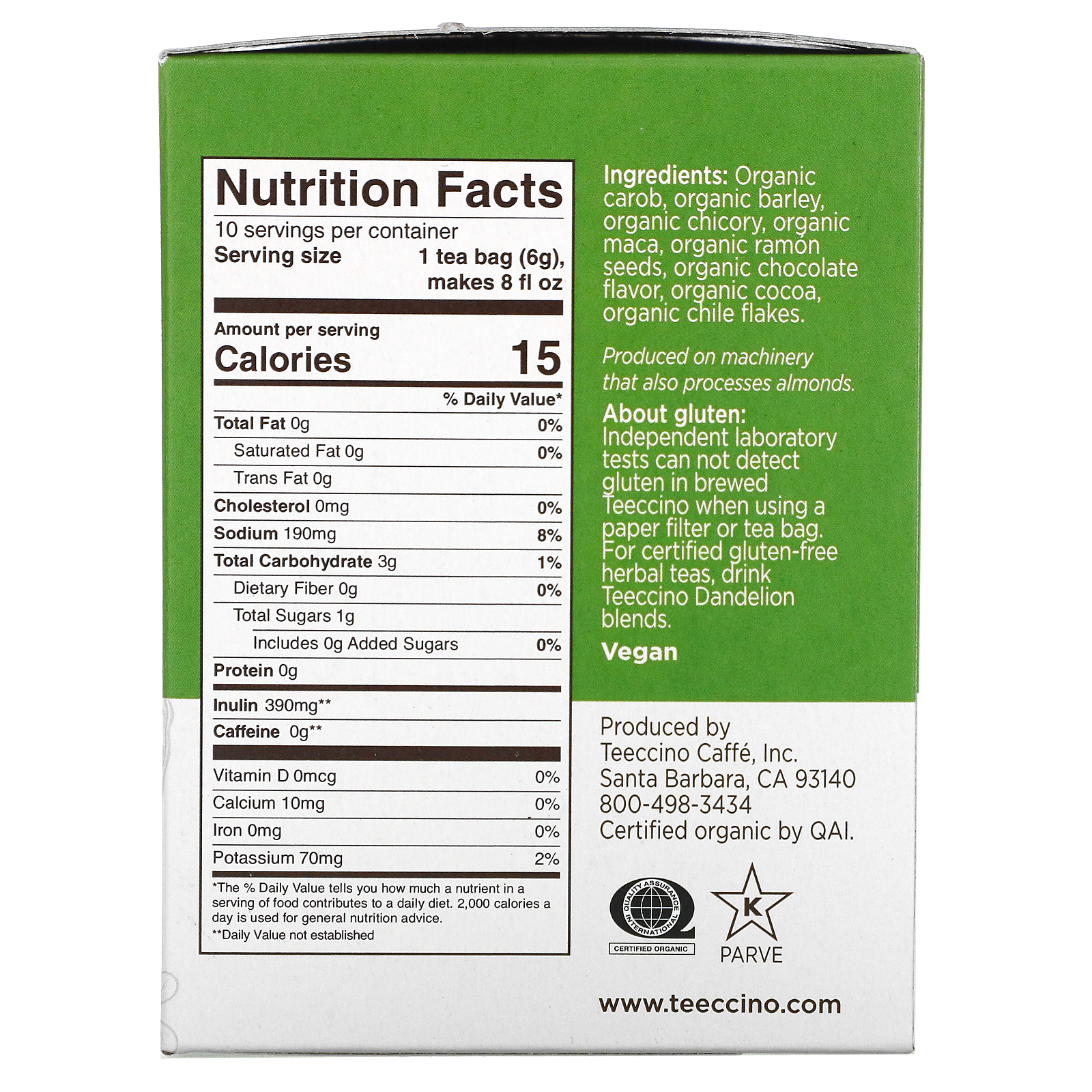 Teeccino, Organic Roasted Herbal Tea, Maca Chocolate, Caffeine Free, 10 Tea Bags, 2.12 oz (60 g) - Imagem 2