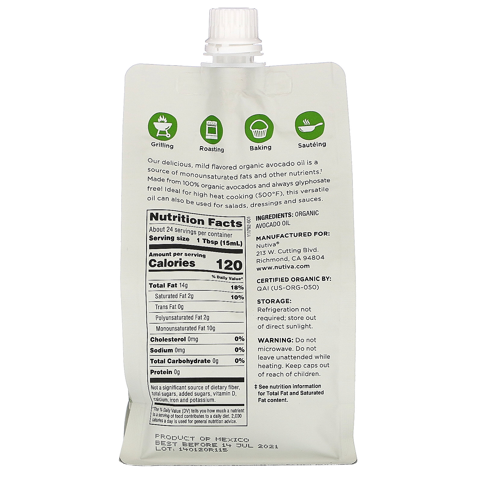 Nutiva, Óleo de Abacate Orgânico, 100% Puro, 355 ml (12 fl oz) - Imagem 2
