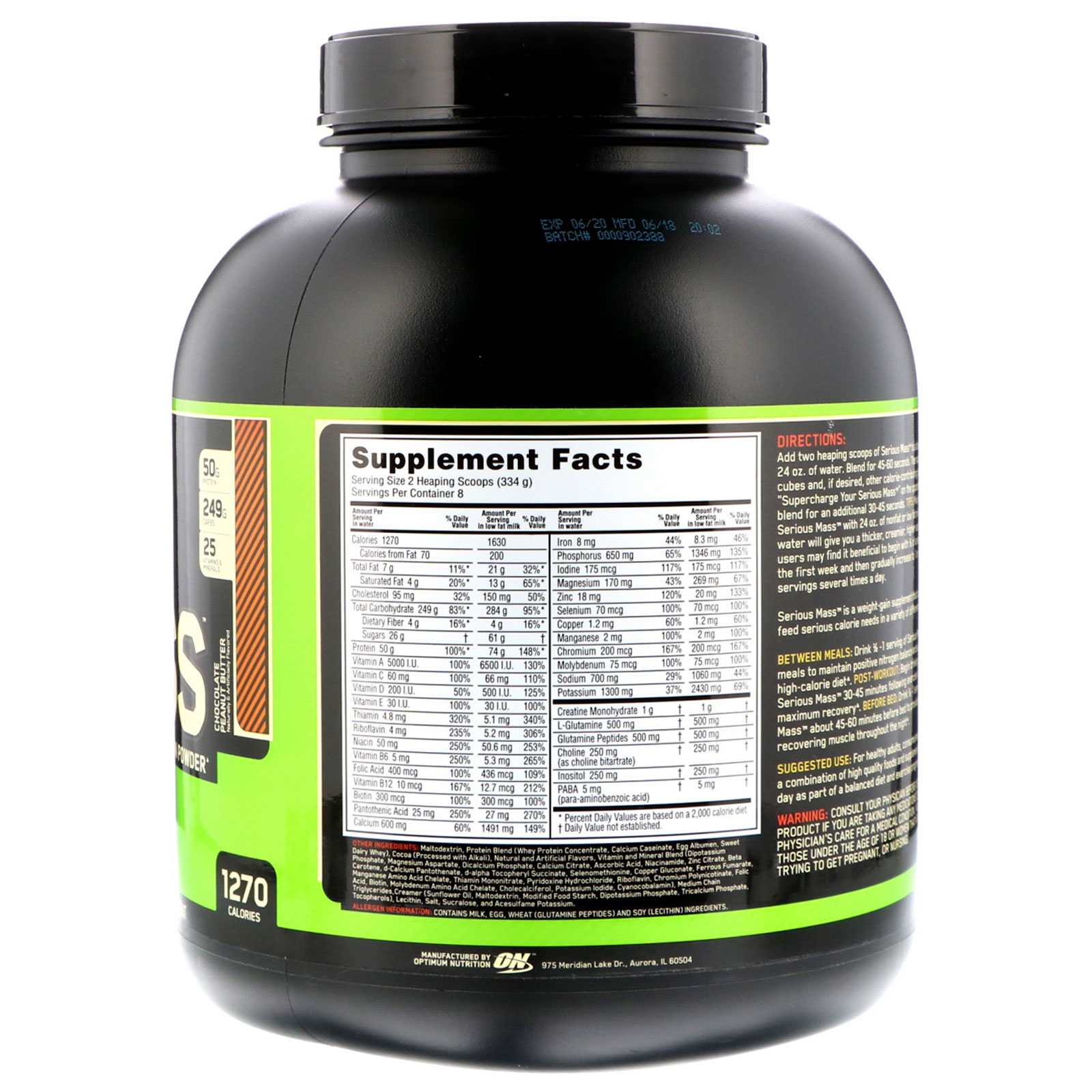 Optimum Nutrition, Serious Mass, Incentivador de Ganho de Peso em Pó com Alto Teor de Proteínas, Manteiga de Amendoim e Chocolate, 2,72 kg (6 lbs) - Imagem 2