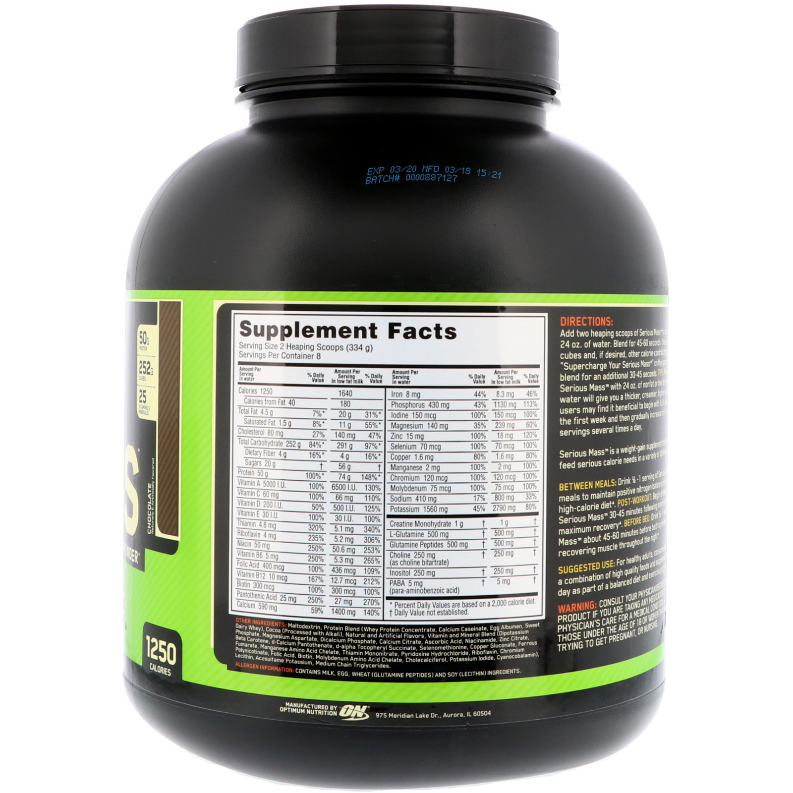 Optimum Nutrition, Serious Mass, Ganho de Peso com Alto Teor de Proteína em Pó, Chocolate, 2,72 kg (6 lbs) - Imagem 2
