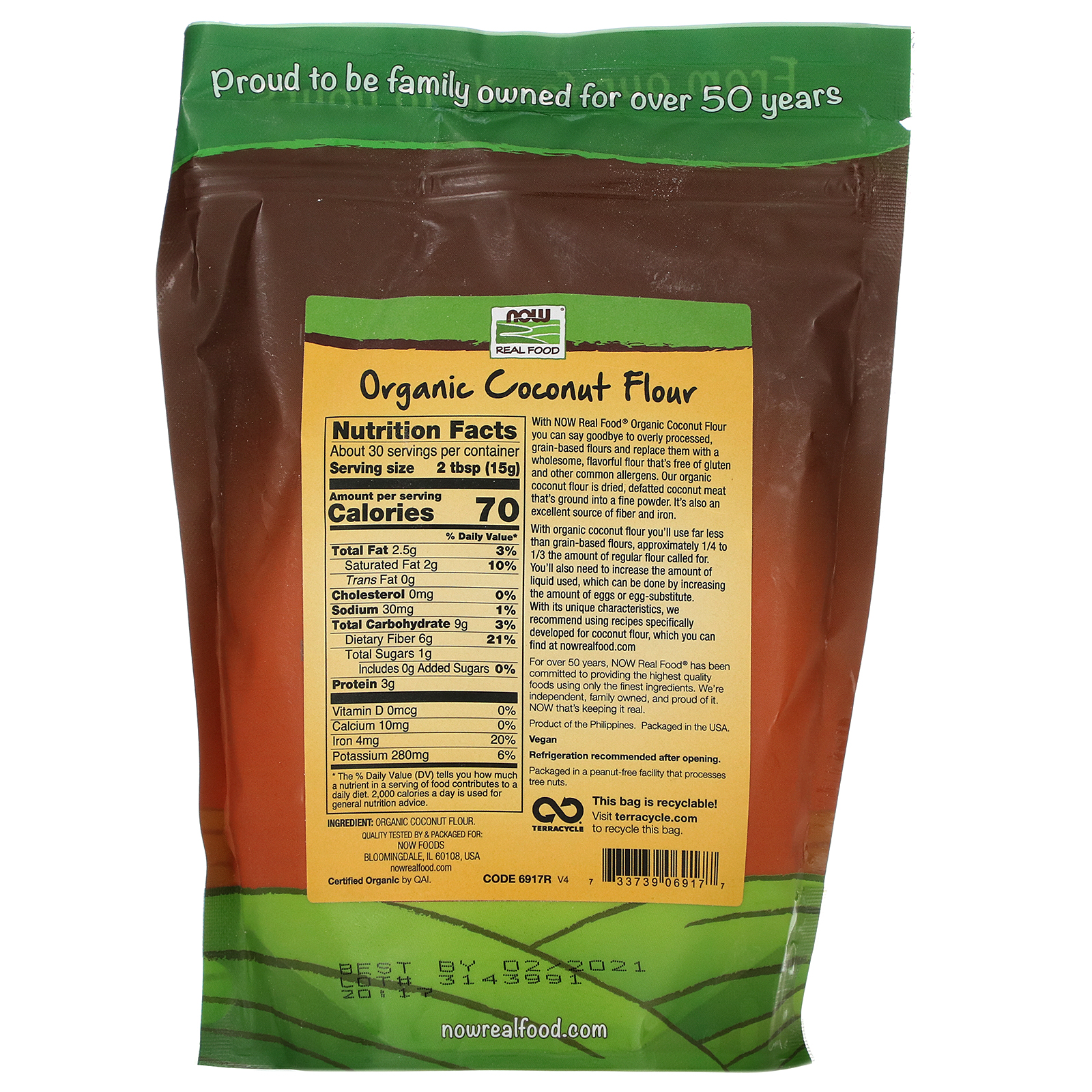 Now Foods, Farinha de Coco Orgânica, 454 g (16 oz) - Imagem 2