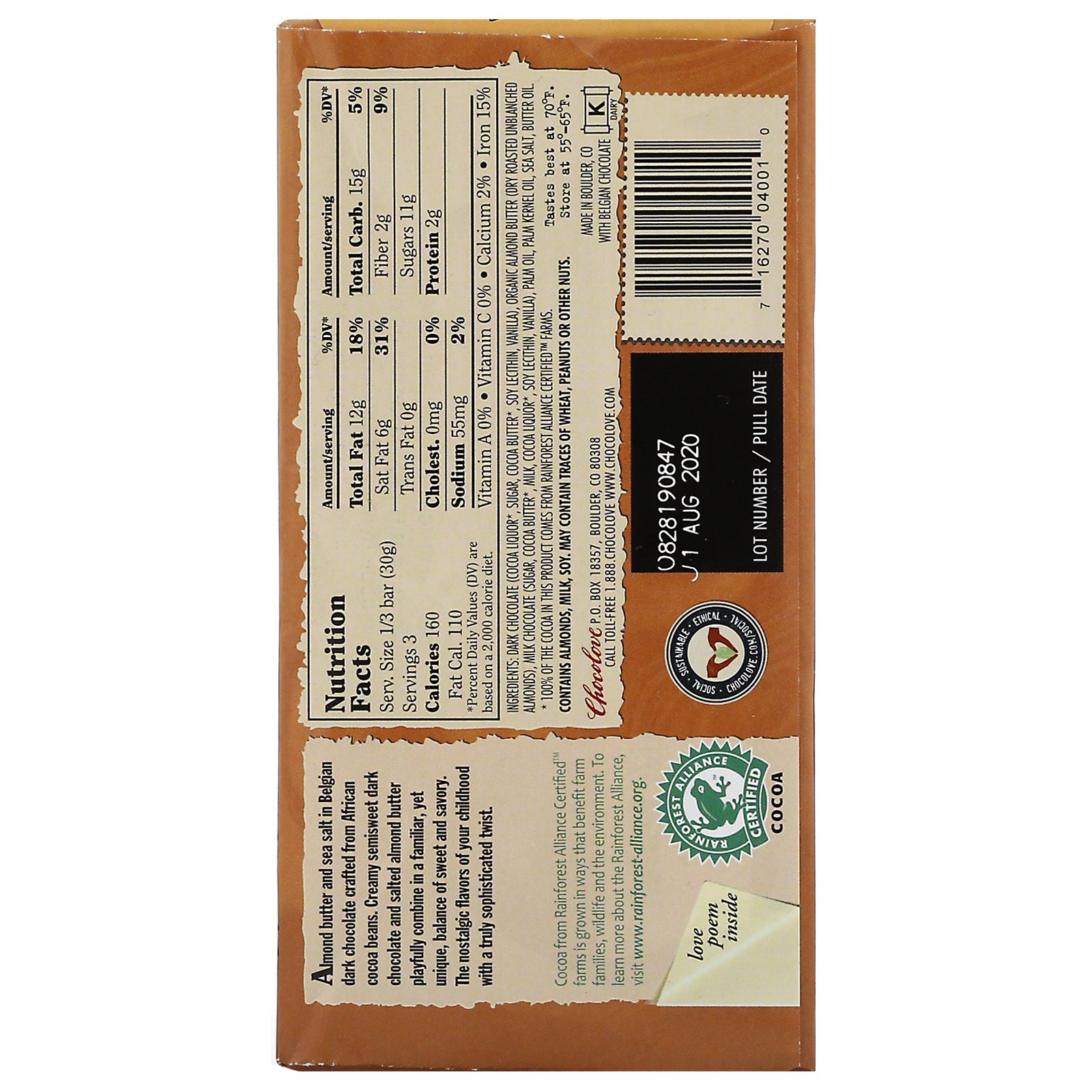 Chocolove, Salted Almond Butter in Dark Chocolate, 55% Cocoa, 3.2 oz (90 g) - Imagem 2