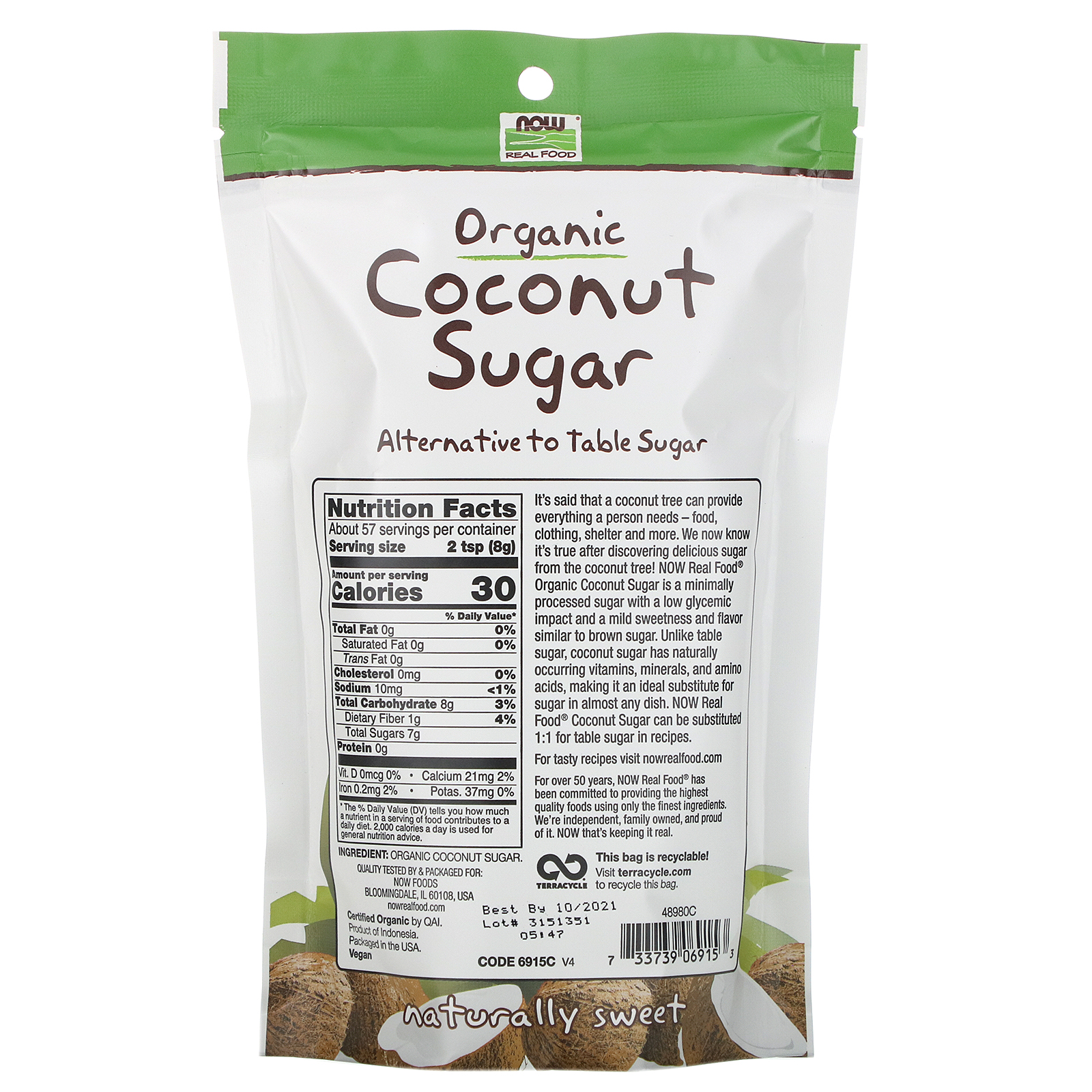 Now Foods, Real Food, Açúcar de Coco Orgânico, 16 oz (454 g) - Imagem 2